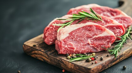 Fototapeta premium Raw meat cuts with herbs on a wooden board against a dark background.