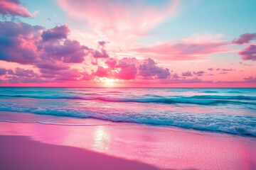 Fototapeta premium Vibrant Tropical Sunset Over Pastel Pink Beach with Turquoise Ocean Waves and Cotton Candy Clouds Creating a Dreamy Seascape in a Serene Atmosphere