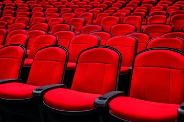 Obraz premium Rows of empty red cinema seats in a theater with a focus on comfort and design.