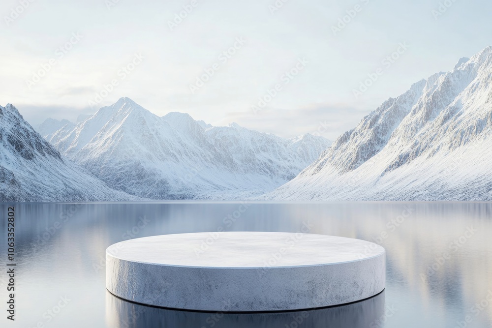 Poster a serene lake scene with a round pool in the center, surrounded by snowy mountains