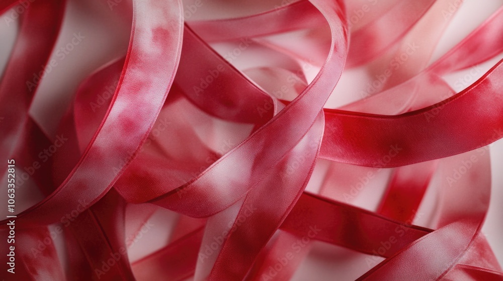 Poster a detailed view of a bright red ribbon on a white background, often used as a decorative element or 