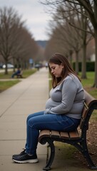 Fototapeta premium Obese teenager feeling isolated Lonely teen sits despondently alone on an empty park bench