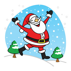 Naklejka premium a cartoon illustration of Santa Claus in a snowy landscape