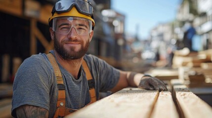 A construction worker, wearing safety gear, smiles confidently while leaning on a stack of wooden beams at a busy construction site. The urban environment is alive with activity.