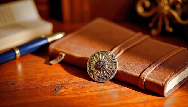 Leather journal with antique emblem and pen on a wooden table in warm light
