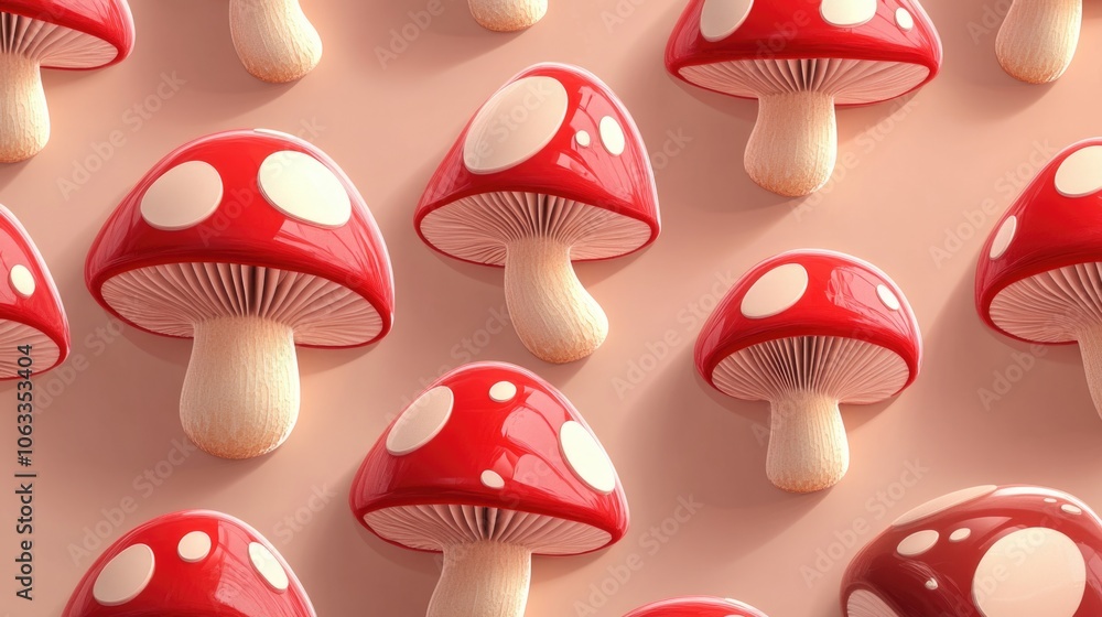 Poster a cluster of red mushrooms with white dots on the caps, often found in nature