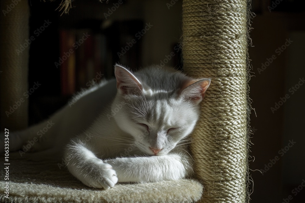 Poster a white cat lying on top of a scratching post, relaxed and calm