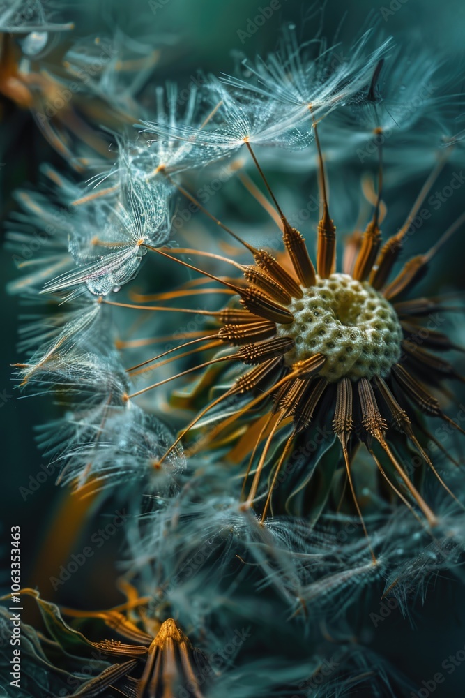 Poster a detailed view of a dandelion's feathery seeds, ideal for use in nature-inspired designs and illust
