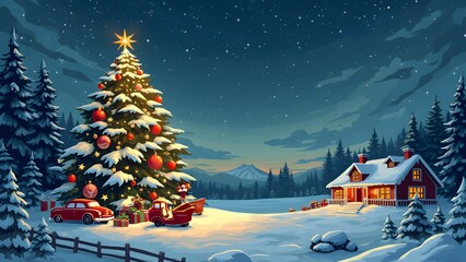 Christmas scene in snowy forest under starry sky background 
