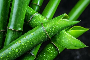 Obraz premium Fresh green bamboo stalks with water droplets on a dark background.