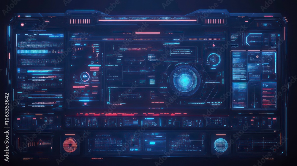 Poster futuristic control panel with intricate digital displays and glowing elements.
