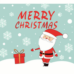 a Christmas greeting card with a cartoon illustration of Santa Claus in the center