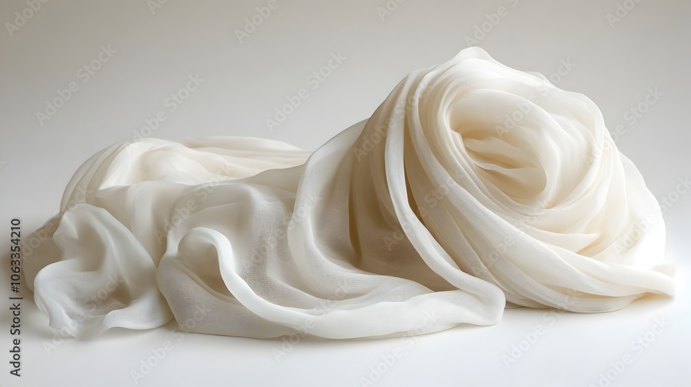 Poster Delicate white satin fabric flowing in elegant curves and folds,creating a luxurious,sensual,and serene aesthetic. The smooth,silky texture and wispy,draping movement evoke a sense of sophistication.