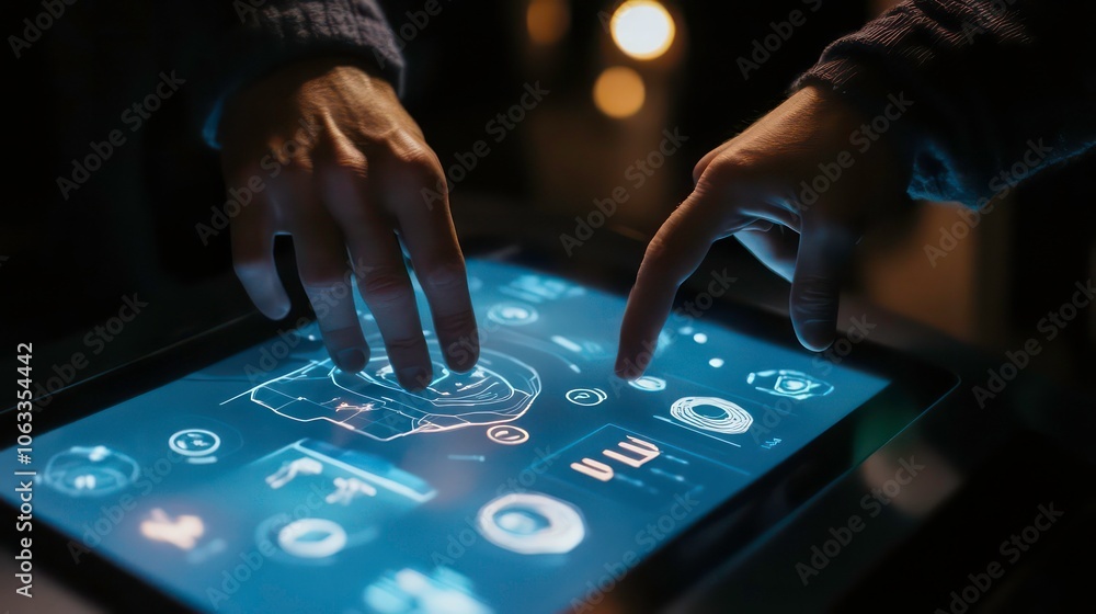Poster Two hands interacting with a futuristic touchscreen interface displaying data and controls.