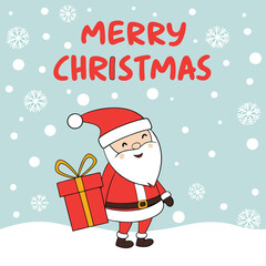 a Christmas greeting card with a cartoon illustration of Santa Claus in the center