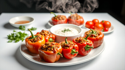 A plate of stuffed peppers and tomatoes with a white tablecloth