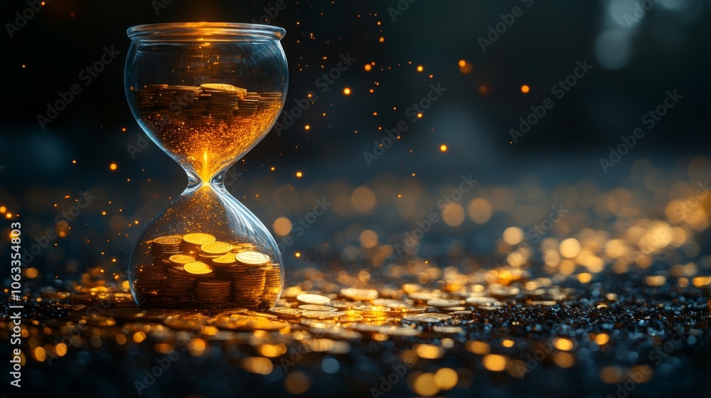 Poster an hourglass filled with shining gold coins sits on a dark surface, with sparkling particles around 
