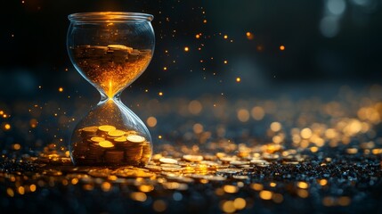 An hourglass filled with shining gold coins sits on a dark surface, with sparkling particles around it. The warm light creates a captivating atmosphere, symbolizing the interplay of time and wealth.