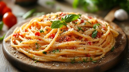 Fototapeta premium Delicious spaghetti pasta dish with traditional Bolognese sauce,topped with fresh green basil leaves and grated Parmesan cheese,served on a rustic wooden plate. Italian cuisine concept with homemade.