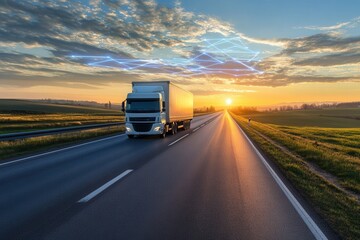 Fototapeta premium White semi-truck driving on a straight road at sunset with glowing routes representing logistics and network above