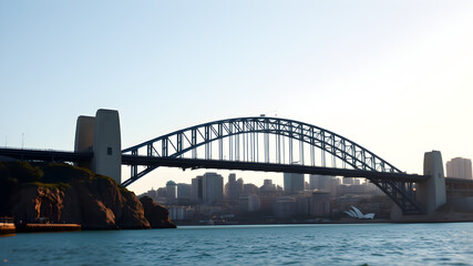 Fototapeta premium A large bridge spans a body of water, with a city in the background