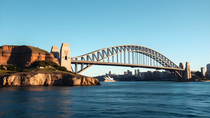 Obraz premium A bridge spans a river with a city in the background