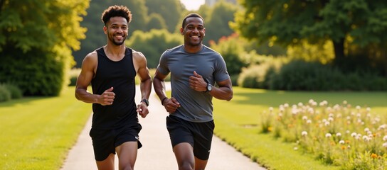 Obraz premium Two fit black men smile as they jog together in a sunlit park during an early-morning run promoting a healthy and active lifestyle