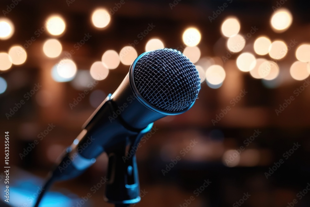 Aufkleber A microphone on a stand in a professional recording studio setting with bright lights in the background