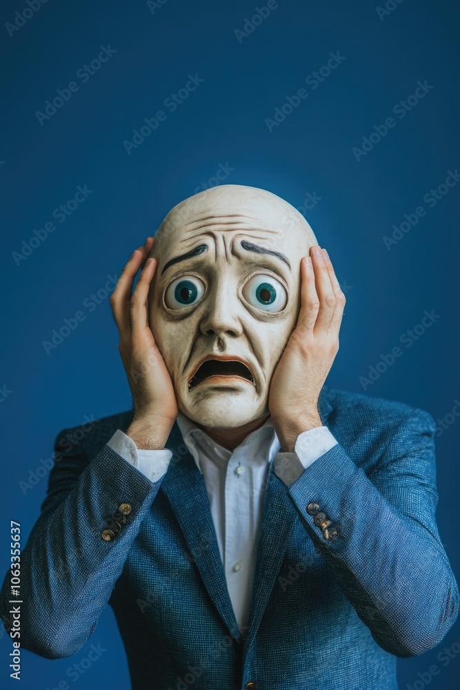 Poster a person in a business suit wearing a mask, suitable for various situations where anonymity is desir
