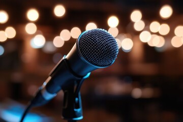 A microphone on a stand in a professional recording studio setting with bright lights in the background