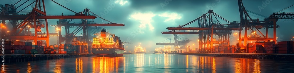 Poster dramatic and panoramic cityscape of a busy seaport at twilight,with rows of massive cargo cranes and