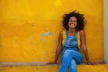 A person sitting on a ledge with a bright yellow wall behind them
