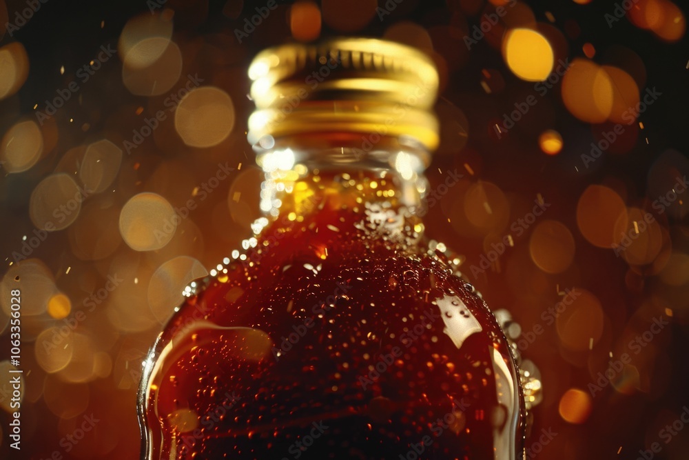 Poster a close-up shot of a bottle of liquid on a table, perfect for use in still life photography or as a 
