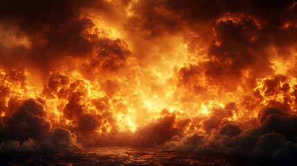 Dramatic scene of a large-scale fiery explosion with intense,roaring flames and billowing plumes of thick,dark smoke set against a turbulent,apocalyptic-looking sky.