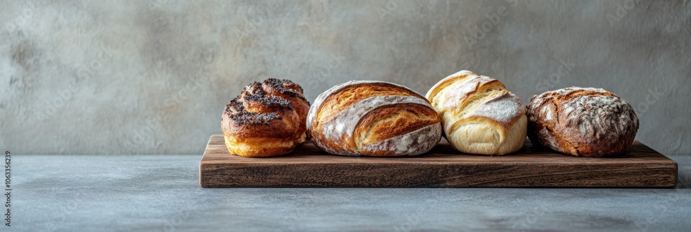 Aufkleber a rustic wooden board displays an array of freshly baked breads and pastries, inviting a sense of wa