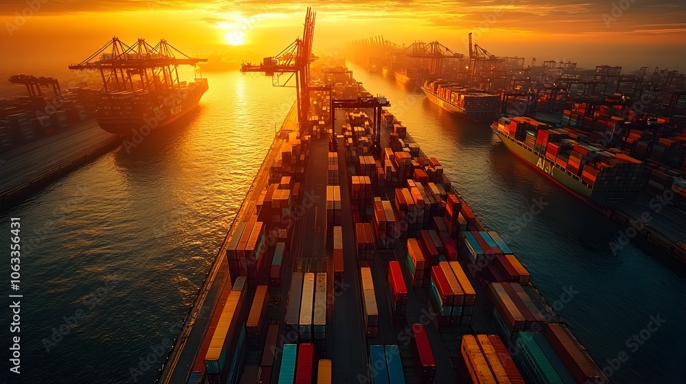 Poster dramatic sunset over a bustling cargo port with towering container ships and huge cranes in a busy i
