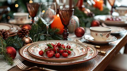 A festive Christmas table setting with red berries and pine branches.