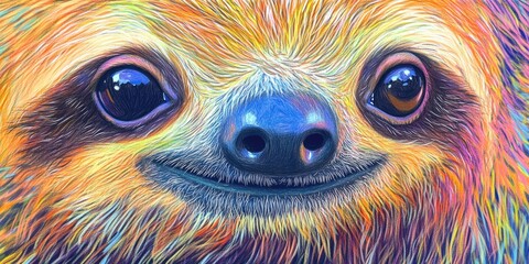 Fototapeta premium A close-up shot of a sloth's face on a bright, colorful background