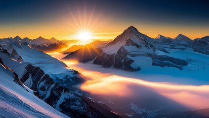 Mountain Range Sunset with Clouds and Golden Rays Generative Ai