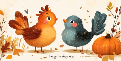 Charming thanksgiving illustration with cute birds and a pumpkin