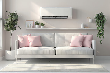 Modern living room featuring an energy efficient air conditioner, fresh natural decor, and a comfortable seating area with soft pillows