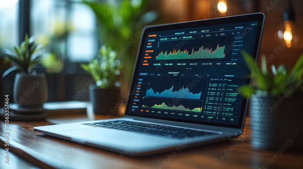 Poster The scene features a laptop showcasing colorful graphs and data analytics, positioned on a wooden table. Lush plants add life to a cozy workspace, illuminated by warm ambient light.