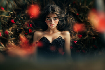 Naklejka premium A stunning beautiful girl lying on a background of red rose petals.....