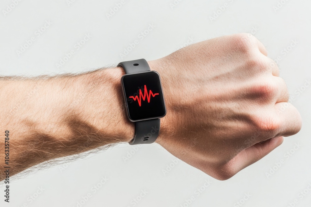 Poster a close-up of a man's hand holding a smartwatch displaying a heartbeat, ideal for health and wellnes