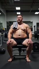 Overweight man takes rest amidst workout gear post-exercise session