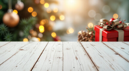Rustic wooden background with a warm, festive glow and soft bokeh lights, creating a cozy holiday atmosphere. Ideal for seasonal displays, decorations, or as a backdrop for Christmas presentations