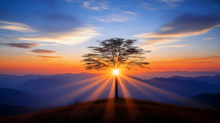 Naklejka premium A lone tree stands tall on a hilltop, bathed in the golden light of a vibrant sunset.