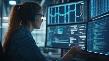 The IT Technical Support Specialist makes an intercom announcement and works on a desktop computer in the monitoring control room with huge digital screens that show data from the server.