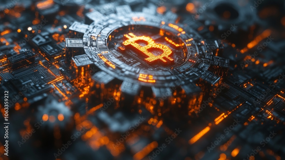 Aufkleber A close-up view highlights the intricate design of a Bitcoin symbol set against a dark, high-tech circuit background illuminated with orange lighting, emphasizing the world of cryptocurrency.