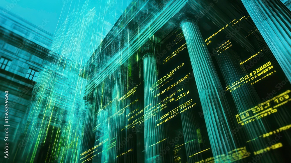 Poster A digital representation of a classical building with data streams, symbolizing technology and finance.